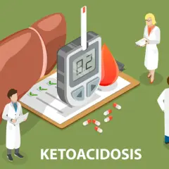Lekarze analizują objawy kwasicy ketonowej: wątroba, glukometr, kropla krwi, probówki, termometr, strzykawka i tabletki.