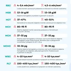 Tabela z wynikami morfologii krwi: RBC, HGB, HCT, MCV, MCH, MCHC, WBC, PLT.