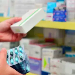 Farmaceuta trzyma opakowanie leku i kilka blistrów z kapsułkami. Ważna recepta na antybiotyk jest kluczowa.