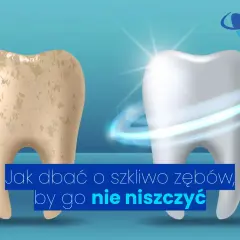 Zniszczone szkliwo zęba po lewej, lśniące po prawej. Jak dbać o zęby, by uniknąć problemów, jak po wymiotach.