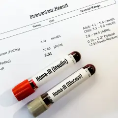 Wyniki badań immunologicznych, w tym wskaźnik HOMA-IR, wraz z probówkami Homa-IR (Insulin) i Homa-IR (Glucose).