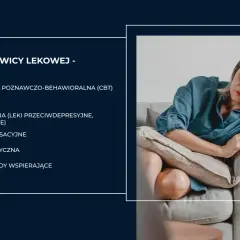 Kobieta zmartwiona na kanapie. Obok lista metod: jak leczyc nerwice - psychoterapia, hipnoterapia, farmakoterapia, relaksacja, aktywność fizyczna, domowe metody.