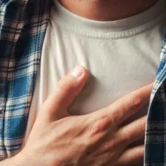 Dłoń na piersi, odczuwając niepokojący ucisk w klatce piersiowej. Mężczyzna w koszuli w kratę.