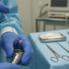 Lekarz w niebieskich rękawiczkach trzyma pobraną tkankę. To przykład, co to jest biopsja – pobranie fragmentu do badania.