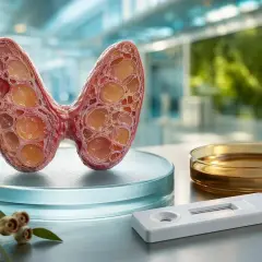 Model tarczycy z widocznymi pęcherzykami, obok test diagnostyczny i fiolka z płynem. Badanie poziomu tyreoglobuliny.