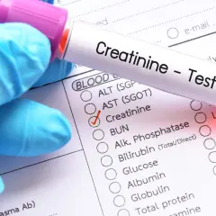 Rękawiczka w niebieskiej rękawiczce trzyma probówkę z oznaczeniem "Creatinine - Test". Obok zaznaczono badanie kreatyniny, co sugeruje jego cenę.