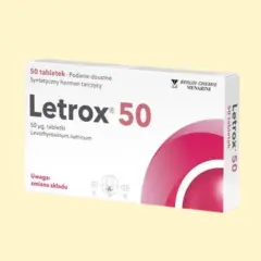 Opakowanie leku Letrox 50, zawierające 50 tabletek z lewotyroksyną sodową, stosowane w leczeniu niedoczynności tarczycy.