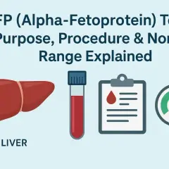 Badanie AFP (Alfa-fetoproteiny) wyjaśnia cel, procedurę i normy. Grafika pokazuje wątrobę, probówkę z krwią i wyniki.