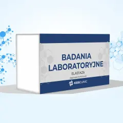 Opakowanie badań laboratoryjnych z napisem "ELASTAZA - diagnostyka chorób trzustki".