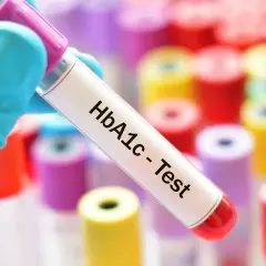 Rękawiczka trzyma probówkę z oznaczeniem HbA1c - Test. Tło to wiele kolorowych probówek. Sprawdź, jaka jest hemoglobina glikowana cena.