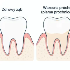 Zdrowy ząb obok zęba z wczesną próchnicą. Wczesne wykrycie plamy próchnicowej to klucz do skutecznego leczenia próchnicy.