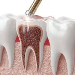 Ząb po leczeniu kanałowym, gdzie narzędzie dentystyczne wypełnia kanał. Może to być związane z bólem zęba po leczeniu kanałowym.