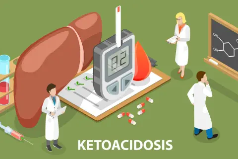 Lekarze analizują objawy kwasicy ketonowej: wątroba, glukometr, kropla krwi, probówki, termometr, strzykawka i tabletki.