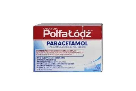 Opakowanie leku Polfa Łódź Paracetamol 500 mg. Czy paracetamol jest bezpieczny? Stosowany zgodnie z zaleceniami, jest skutecznym lekiem przeciwbólowym i przeciwgorączkowym.