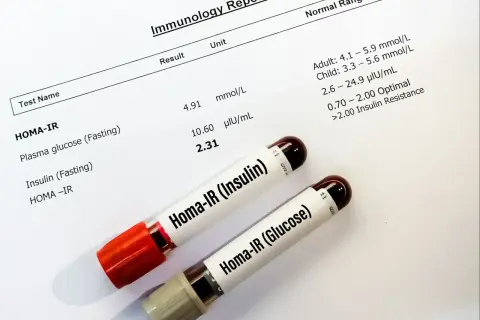 Wyniki badań immunologicznych, w tym wskaźnik HOMA-IR, wraz z probówkami Homa-IR (Insulin) i Homa-IR (Glucose).