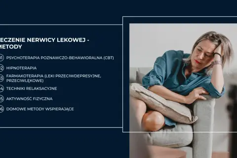 Kobieta zmartwiona na kanapie. Obok lista metod: jak leczyc nerwice - psychoterapia, hipnoterapia, farmakoterapia, relaksacja, aktywność fizyczna, domowe metody.