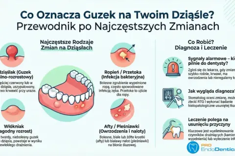 Ilustracja przedstawia ropień, który może być objawem przetoki zębowej. Widoczne są różne zmiany na dziąsłach i zębach.