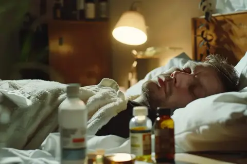 Chory mężczyzna śpi pod kołdrą, obok leki. Może to być początek antybiotykoterapii.