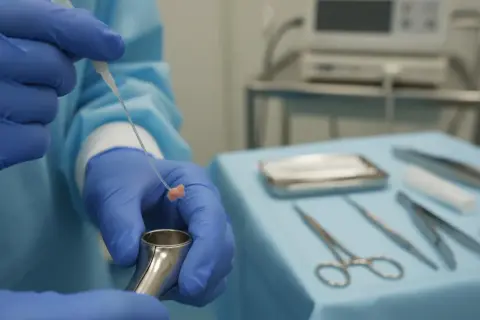 Lekarz w niebieskich rękawiczkach trzyma pobraną tkankę. To przykład, co to jest biopsja – pobranie fragmentu do badania.