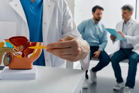 Lekarz omawia z pacjentem budowę układu moczowo-płciowego, wskazując na model. Rozmowa dotyczy objawów raka prostaty.