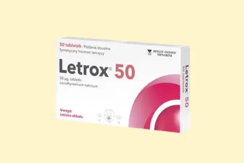 Opakowanie leku Letrox 50, zawierające 50 tabletek z lewotyroksyną sodową, stosowane w leczeniu niedoczynności tarczycy.