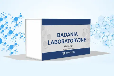 Opakowanie badań laboratoryjnych z napisem "ELASTAZA - diagnostyka chorób trzustki".