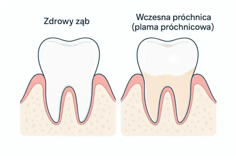 Zdrowy ząb obok zęba z wczesną próchnicą. Wczesne wykrycie plamy próchnicowej to klucz do skutecznego leczenia próchnicy.