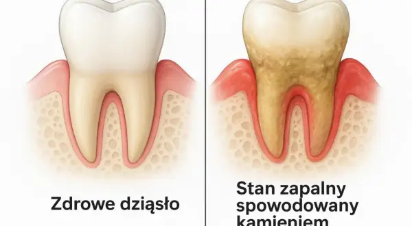Zdrowy ząb i dziąsło obok zęba z kamieniem i stanem zapalnym. Kamień na zębach przed i po.