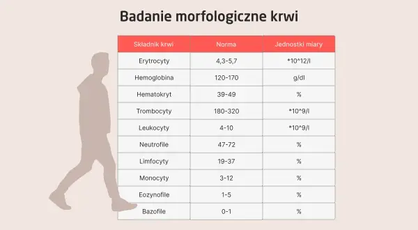 Tabela z badaniem morfologicznym krwi, uwzględniająca normy dla erytrocytów, hemoglobiny i innych składników.