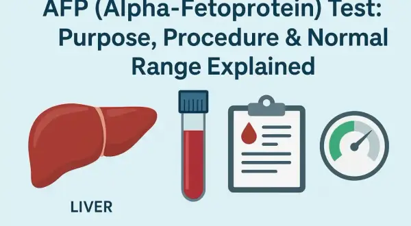 Badanie AFP (Alfa-fetoproteiny) wyjaśnia cel, procedurę i normy. Grafika pokazuje wątrobę, probówkę z krwią i wyniki.