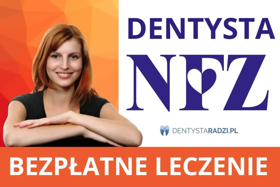 Uśmiechnięta kobieta z rudymi włosami. Napis "DENTYSTA NFZ" i "BEZPŁATNE LECZENIE" sugeruje, że można zdobyć nowe zęby za darmo.