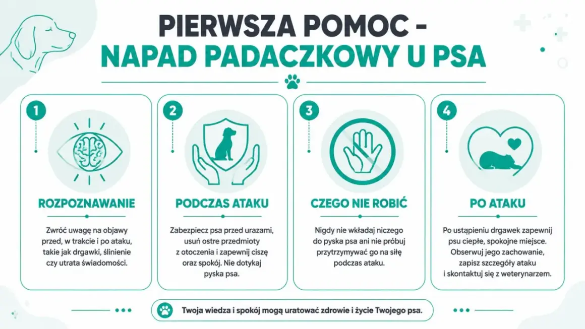 Pierwsza pomoc przy ataku padaczki u psa: rozpoznawanie, postępowanie podczas i po ataku, czego nie robić.