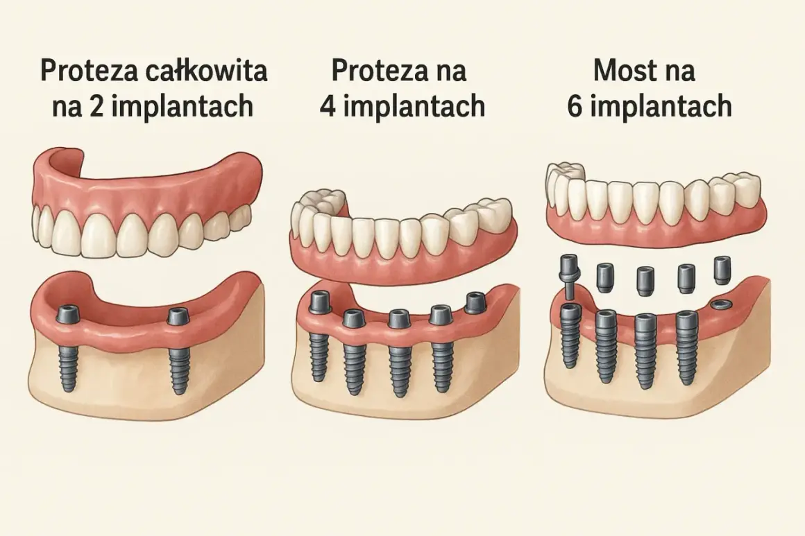 Nowoczesne protezy zębowe całkowite cena zależy od liczby implantów: na 2, 4 lub 6.