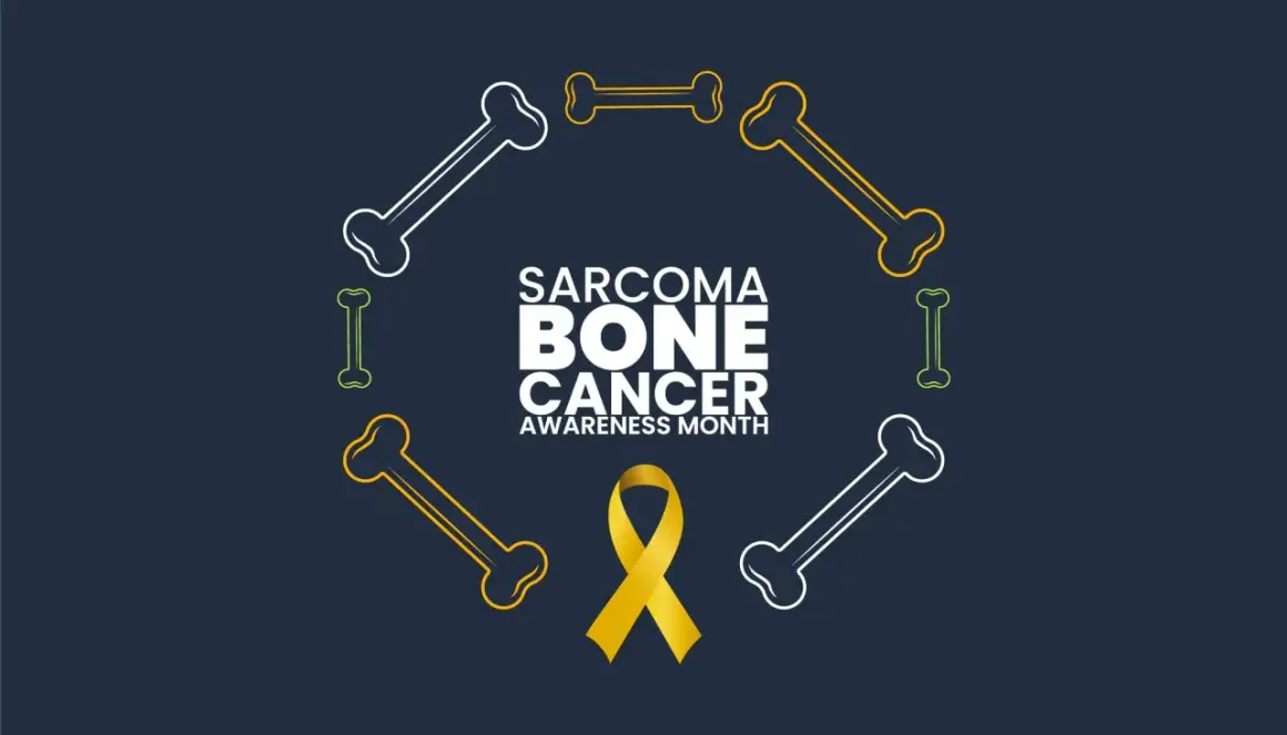 Wokół napisu "Sarcoma Bone Cancer Awareness Month" ułożone są stylizowane kości. Dyskutuje się, jak długo żyje się z rakiem kości.