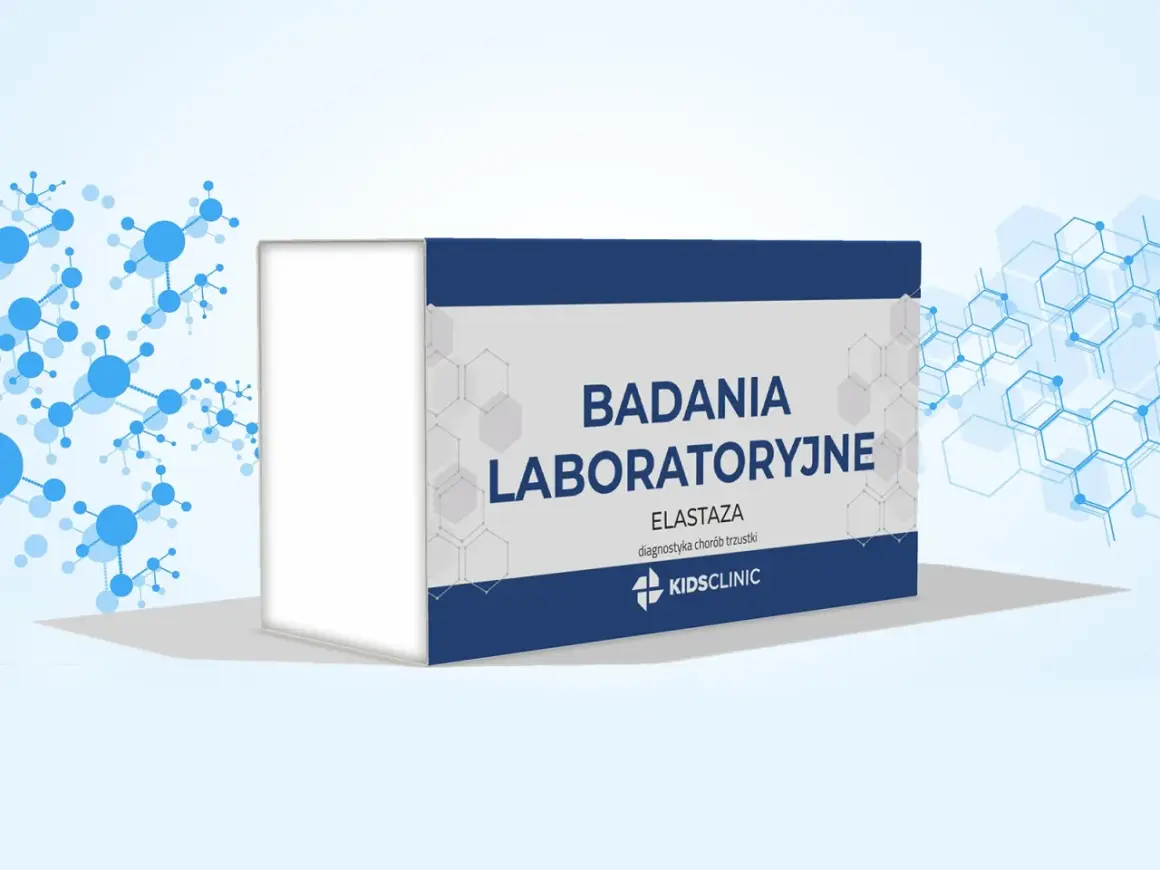 Opakowanie badań laboratoryjnych z napisem "ELASTAZA - diagnostyka chorób trzustki".