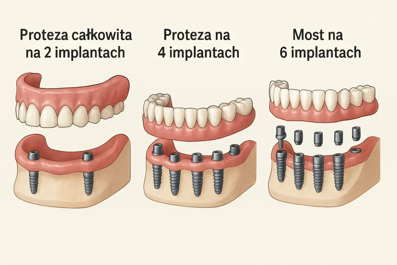 Nowoczesne protezy zębowe całkowite cena: porównanie protez na 2, 4 i 6 implantach.