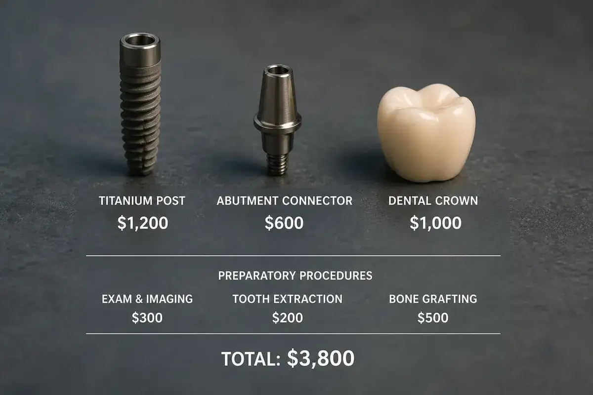 Elementy do stworzenia protezy zębowej: implant, łącznik, korona. Koszt całkowity 3800$.
