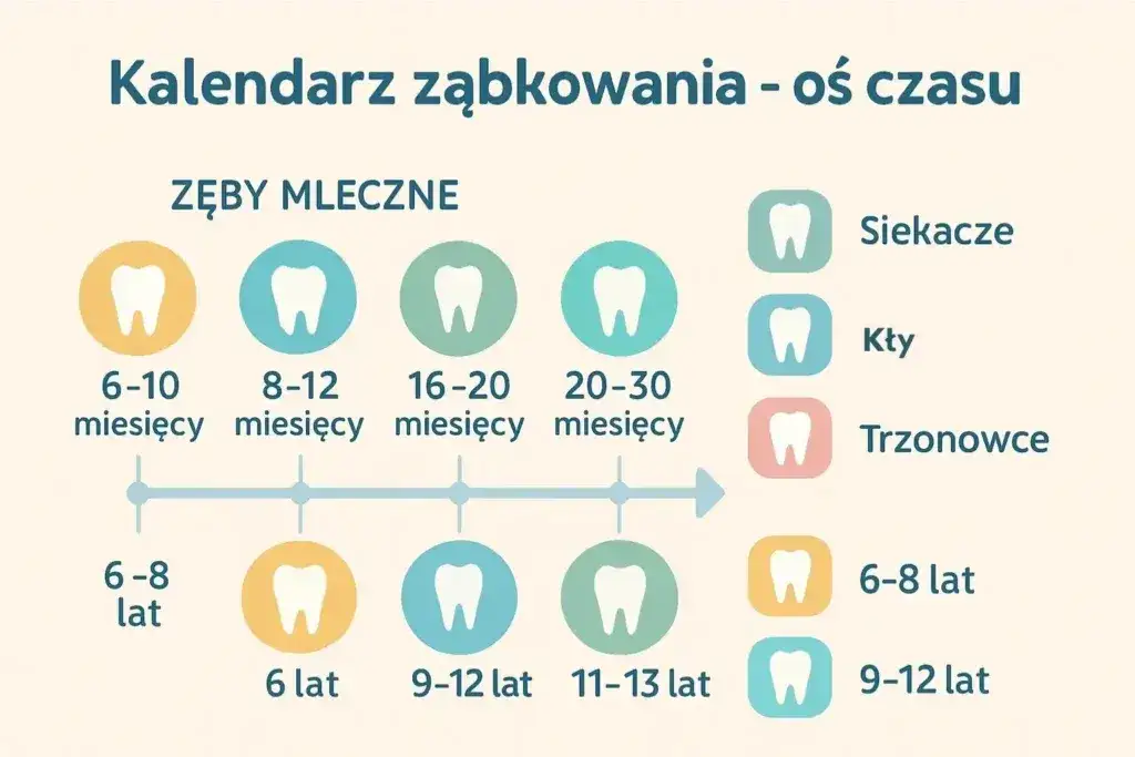 kalendarz wyrzynania zębów mlecznych infografika