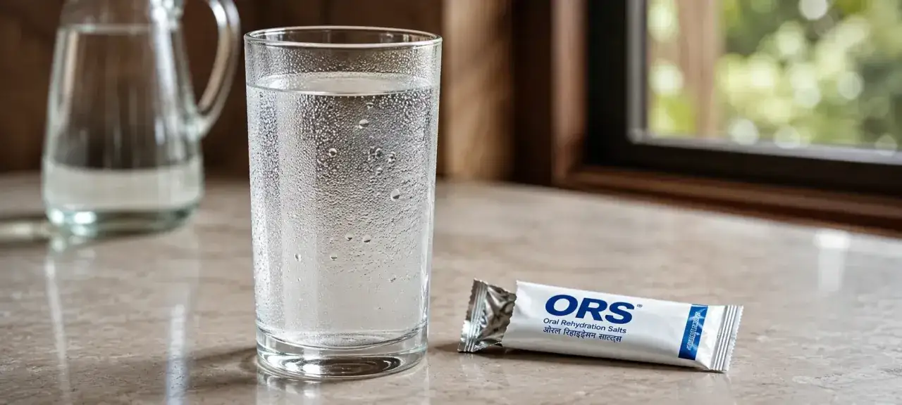 Szklanka z wodą i saszetka ORS na blacie.