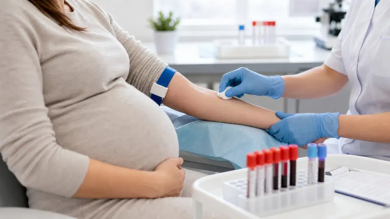 Ciężarna kobieta poddawana pobraniu krwi do badań, w tym do wykonania odczynu Coombsa. W tle probówki i sprzęt laboratoryjny.