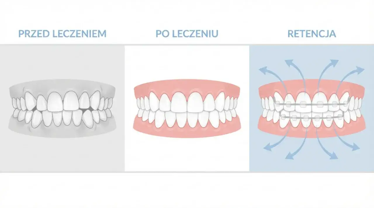 Przed i po leczeniu ortodontycznym. Retencja z aparatem stałym utrzymuje zęby w nowej pozycji.