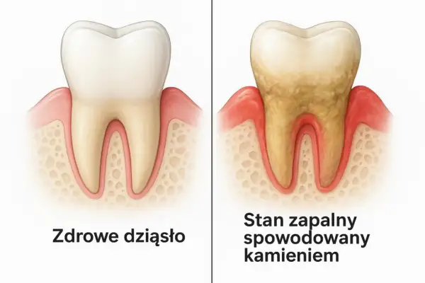 Zdrowy ząb i dziąsło obok zęba z kamieniem i stanem zapalnym. Kamień na zębach przed i po.
