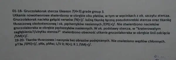 Wyniki histopatologiczne: gruczolakorak stercza Gleason 7(4+3) grade group 3, nacieka gałązki nerwów, luźną tkankę łączną pseudotorebki stercza.