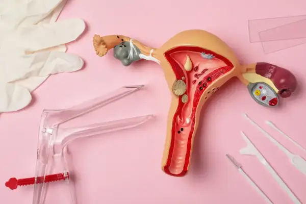 Model narządu rodnego z widocznymi zmianami, narzędzia ginekologiczne i rękawiczki. Wczesne wykrycie raka endometrium objawy są kluczowe.