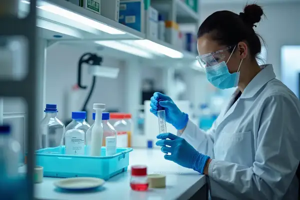 Naukowczyni w laboratorium bada próbówkę. Zastanawiasz się, ile kosztuje posiew moczu?