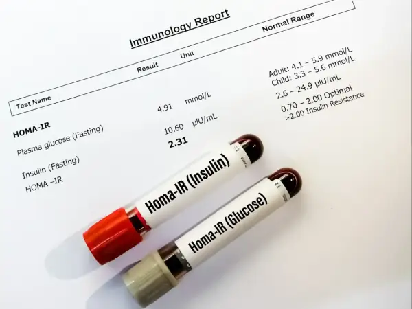 Wyniki badań immunologicznych, w tym wskaźnik HOMA-IR, wraz z probówkami Homa-IR (Insulin) i Homa-IR (Glucose).