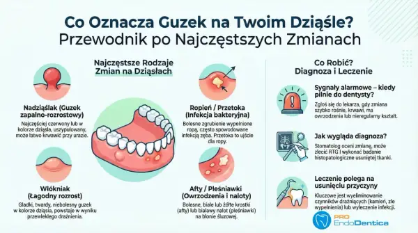 Ilustracja przedstawia ropień, który może być objawem przetoki zębowej. Widoczne są różne zmiany na dziąsłach i zębach.