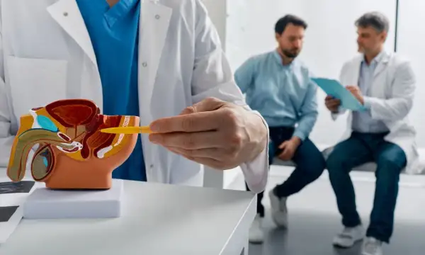 Lekarz omawia z pacjentem budowę układu moczowo-płciowego, wskazując na model. Rozmowa dotyczy objawów raka prostaty.