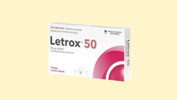 Opakowanie leku Letrox 50, zawierające 50 tabletek z lewotyroksyną sodową, stosowane w leczeniu niedoczynności tarczycy.