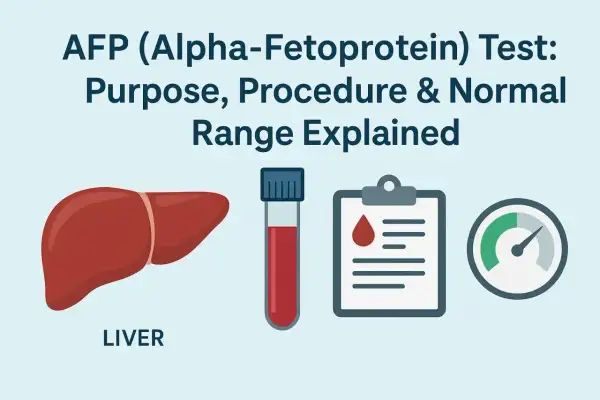 Badanie AFP (Alfa-fetoproteiny) wyjaśnia cel, procedurę i normy. Grafika pokazuje wątrobę, probówkę z krwią i wyniki.